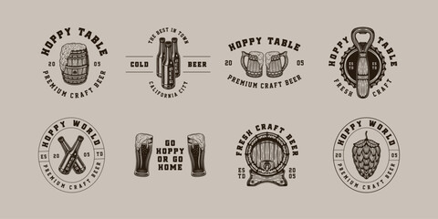 Obraz premium Set of vintage retro beer brewing emblem, logo, badge, label. mark, poster or print. Monochrome Graphic Art. Engraving style vecctor