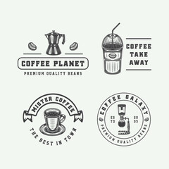 Set of vintage retro hipster coffee emblem, logo, badge, label. mark, poster or print. Monochrome Graphic Art. Engraving style vecctor