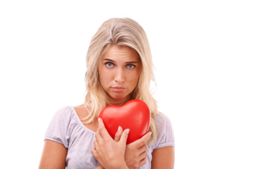 Portrait, heart and sad on valentines day with a woman isolated on a transparent background after a breakup. Emoji, depression or broken heart with a lonely young female person feeling unhappy on PNG