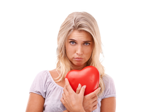 Portrait, heart and sad on valentines day with a woman isolated on a transparent background after a breakup. Emoji, depression or broken heart with a lonely young female person feeling unhappy on PNG