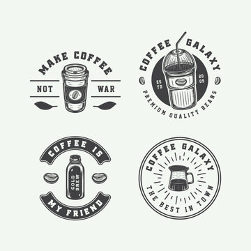 Set of vintage retro hipster coffee emblem, logo, badge, label. mark, poster or print. Monochrome Graphic Art. Engraving style vecctor