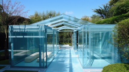 Modern transparent house, full of glass with blue style and thanks to this, it offers a wonderful view of the garden from anywhere. Generative AI Technology