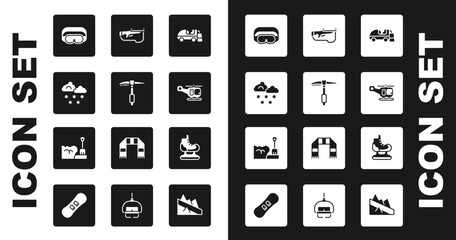 Set Ice resurfacer, axe, Cloud with snow, Ski goggles, Rescue helicopter, Biathlon rifle, Skates and Shovel in snowdrift icon. Vector