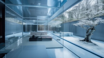 Modern transparent house, full of glass with blue style and thanks to this, it offers a wonderful view of the garden from anywhere. Generative AI Technology