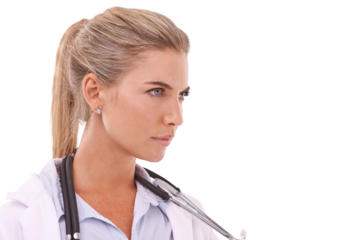 Serious face, doctor and woman with healthcare, medicine and focus isolated on a transparent background. Female person, medical professional or employee with attitude, care and concentration with png