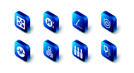 Set Hospital signboard, Medical surgery scalpel, Life insurance in hand, IV bag, vial, ampoule, hospital building, Heart rate and Pills blister pack icon. Vector