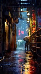 City streets at night, when it's raining. AI generative