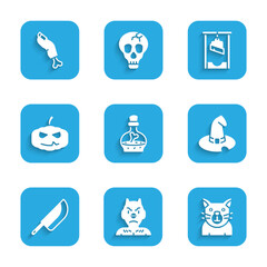 Set Bottle with potion, Krampus, heck, Cat, Witch hat, Knife, Pumpkin, Guillotine and Zombie finger icon. Vector