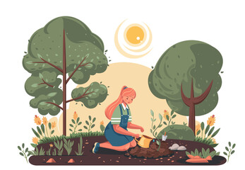 Young girl planting seedlings in the vegetable garden. Outdoor gardening, plant growing. Vector cartoon flat illustration