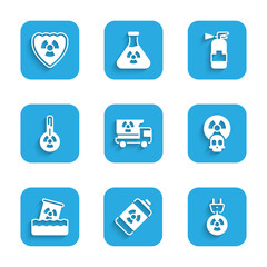 Fototapeta premium Set Truck with radiation materials, Nuclear energy battery, Radiation electrical plug, Radioactive, waste in barrel, Meteorology thermometer, Fire extinguisher and shield icon. Vector