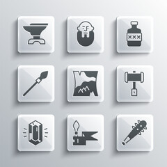 Set Medieval spear, Mace with spikes, Battle hammer, Folded map, Gem stone, Anvil for blacksmithing and Whiskey bottle icon. Vector