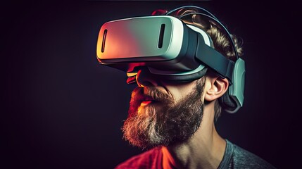 Photograph of man with VR headset exploring the metaverse, Generative AI Technology