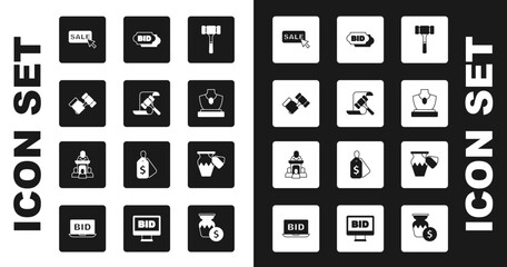 Set Auction hammer, Price tag with Sale, jewelry sale, Bid, ancient vase and auctioneer sells icon. Vector