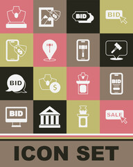 Set Price tag with Sale, Online auction, Auction hammer, Bid, jewelry sale and icon. Vector