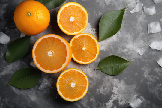 Flat lay top view of oranges with slices and leaves on stone background. Generative AI
