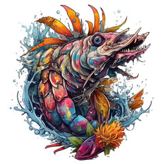 A furious Shrimp fish with sharp claws and a snarl, dressed in a personalized t-shirt with a custom design, swimming in a colorful and vibrant underwater world, Generative Ai