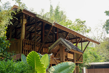 Wooden house, garden house, home stays, Lanna style in the north of Thailand. There is a high basement with a balcony for standing in the wind. The gable roof is covered with gray tone tiles.
