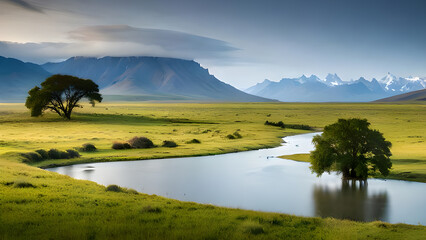 A river runs through a green field with mountains in the background Create With Generative AI Technology