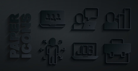 Set Search job, Productive human, Multitasking manager working, Briefcase, Freelancer and Project team base icon. Vector