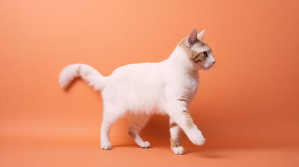 Pastel kittens. Happy cat ​​laughing on plain pastel background. Cute happy cat ​​jumping with open mouth. Cute backgrounds of cats in pastel colors. Image generated by AI.