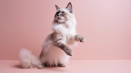 Pastel kittens. Happy cat ​​laughing on plain pastel background. Cute happy cat ​​jumping with open mouth. Cute backgrounds of cats in pastel colors. Image generated by AI.
