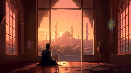 Muslim man sitting and holding Quran with view of mosque, eid ul adha mubarak day background illustration,  Generative AI