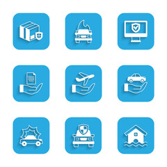 Set Plane in hand, Car insurance, House flood, accident, Contract, Insurance online and Delivery security with shield icon. Vector