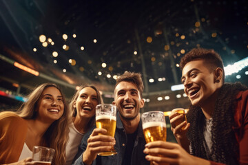 A happy group of friends having a good time and enjoying each other's company while drinking and watching the game