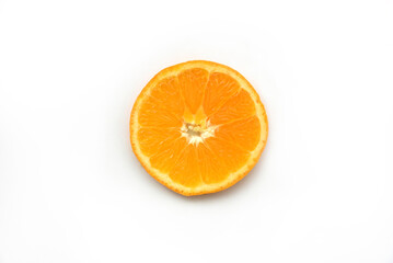 Fruit slice, closeup on white background. Bright piece of fresh orange. Citrus, colorful exotic fruit cut into circles. Tasty food, healthy diet.