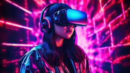 Woman with VR headset exploring the metaverse, Generative AI Technology