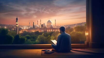 Muslim man sitting and holding Quran with view of mosque, eid ul adha mubarak day background illustration,  Generative AI