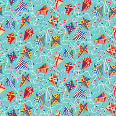 Vector seamless pattern with kites in the sky with tangled tails - 601769724
