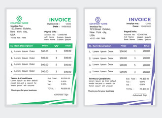 Business Minimal Corporate Invoice design template vector illustration bill form price . Creative template and stationery design payment agreement design template Cash Memo, Vector Quotation Design