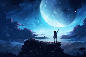 Fototapeta na wymiar A scene of a child standing on a hilltop, stretching their arm towards the glowing moon in the night sky, concept art illustration . Generative AI