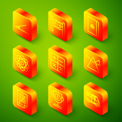 Set line Acute angle, Abacus, Spiral notebook, Atom, Calculator, Light rays in prism, Exam paper with incorrect answers and Award cup icon. Vector