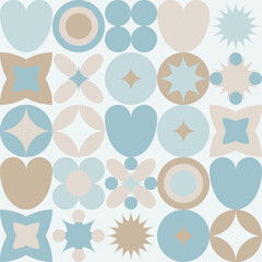Trendy seamless geometric pattern of squares and circles, flat cartoon sketch summer background. Minimalistic natural figures of simple shapes in pastel shades.