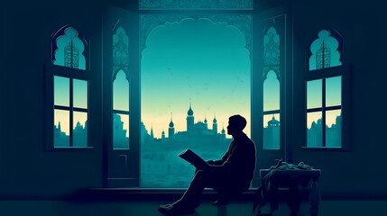 Muslim man sitting and holding Quran with view of mosque, eid ul adha mubarak day background illustration,  Generative AI
