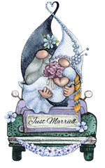 Watercolor Wedding Day Gnome Truck. Wedding Car