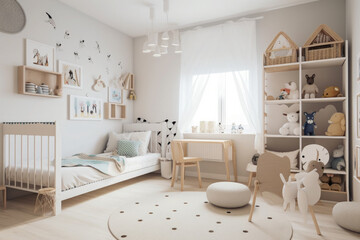 Fototapeta na wymiar Child room in scandinavian style with natural colors and wooden furniture. Interior of cozy kids bedroom. Created with Generative AI