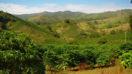 Fototapeta na wymiar Coffee plantation. Landscape with coffee trees. Ripening coffee berry, organic harvest. Created with Generative AI
