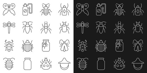 Set line Beekeeper hat, Clothes moth, Beetle bug, Chafer beetle, Cockroach, Dragonfly, Butterfly and Ant icon. Vector