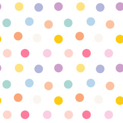 Circles confetti seamless pattern. Pastel colored polka dot on white background. Abstract colorful falling confetti backdrop. Vector festive holiday illustration