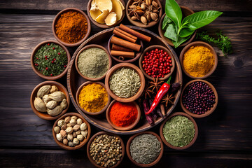 organic spices and herbs on wooden table - generative ai
