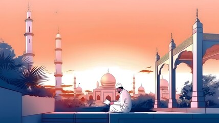 Fototapeta premium Muslim man sitting and holding Quran with view of mosque, eid ul adha mubarak day background illustration, Generative AI