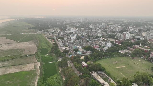 Rajshahi city aerial view of sunset time, Bangladesdh drone video footage, high quality 4k
