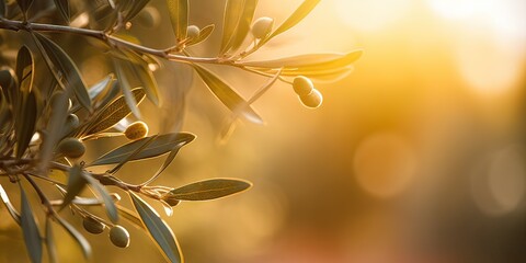 Green Olive Branch on blur Nature Background with Copy Space for Design. Generative AI illustrations.
