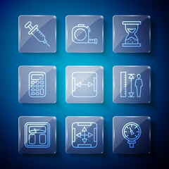 Set line Bathroom scales, Area measurement, Pressure water meter, Old hourglass with sand, Calculator, Syringe and Measuring height body icon. Vector
