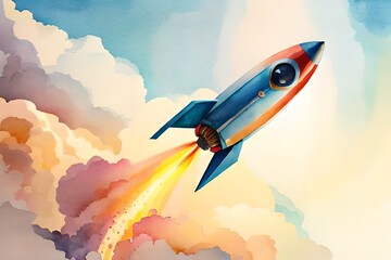 Watercolour vintage rocket in space. Generative Ai