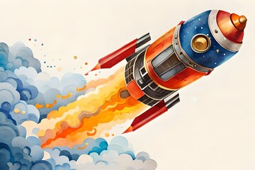 Watercolour vintage rocket in space. Generative Ai