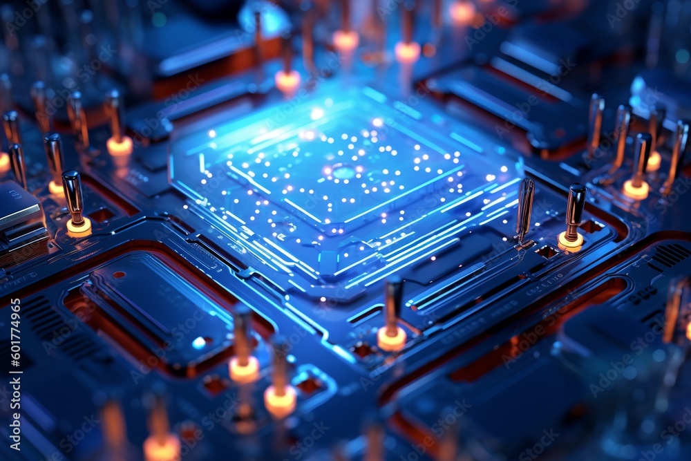 Poster technology chip circuit board background, futuristic generative ai illustration of microchip process